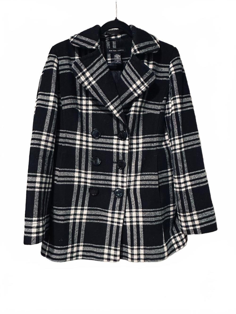 New York & Company wool Black and White Plaid Double-Breasted Peacoat